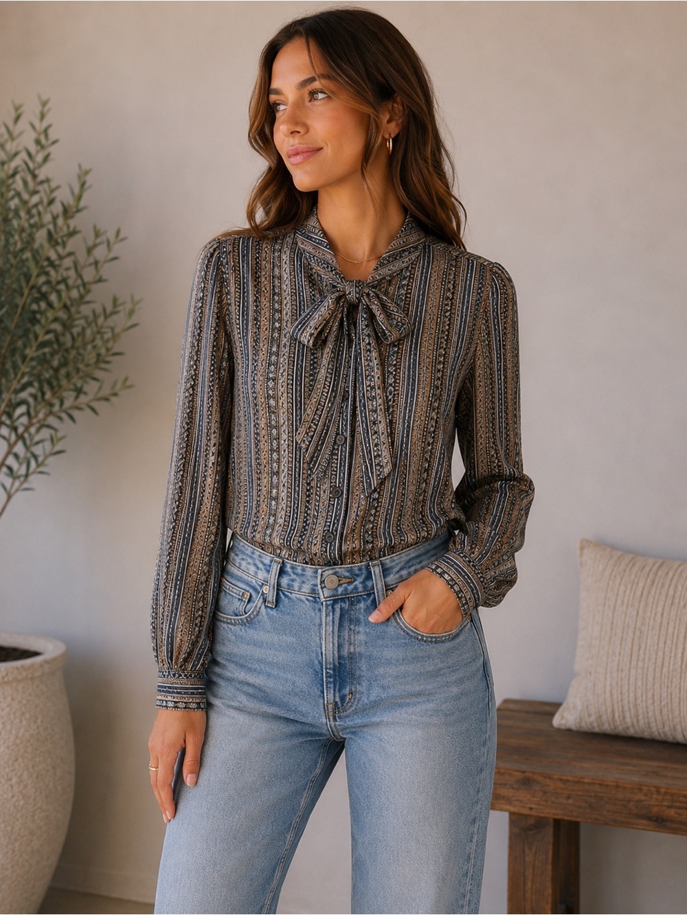 Vintage 80s 90s Tan Jay Striped Long Sleeve Blouse with Bow Size 16 Retro Office